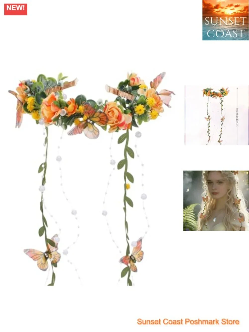 Handmade Fairy Flower Headband with Butterfly and Tassel Vines, Adjustable